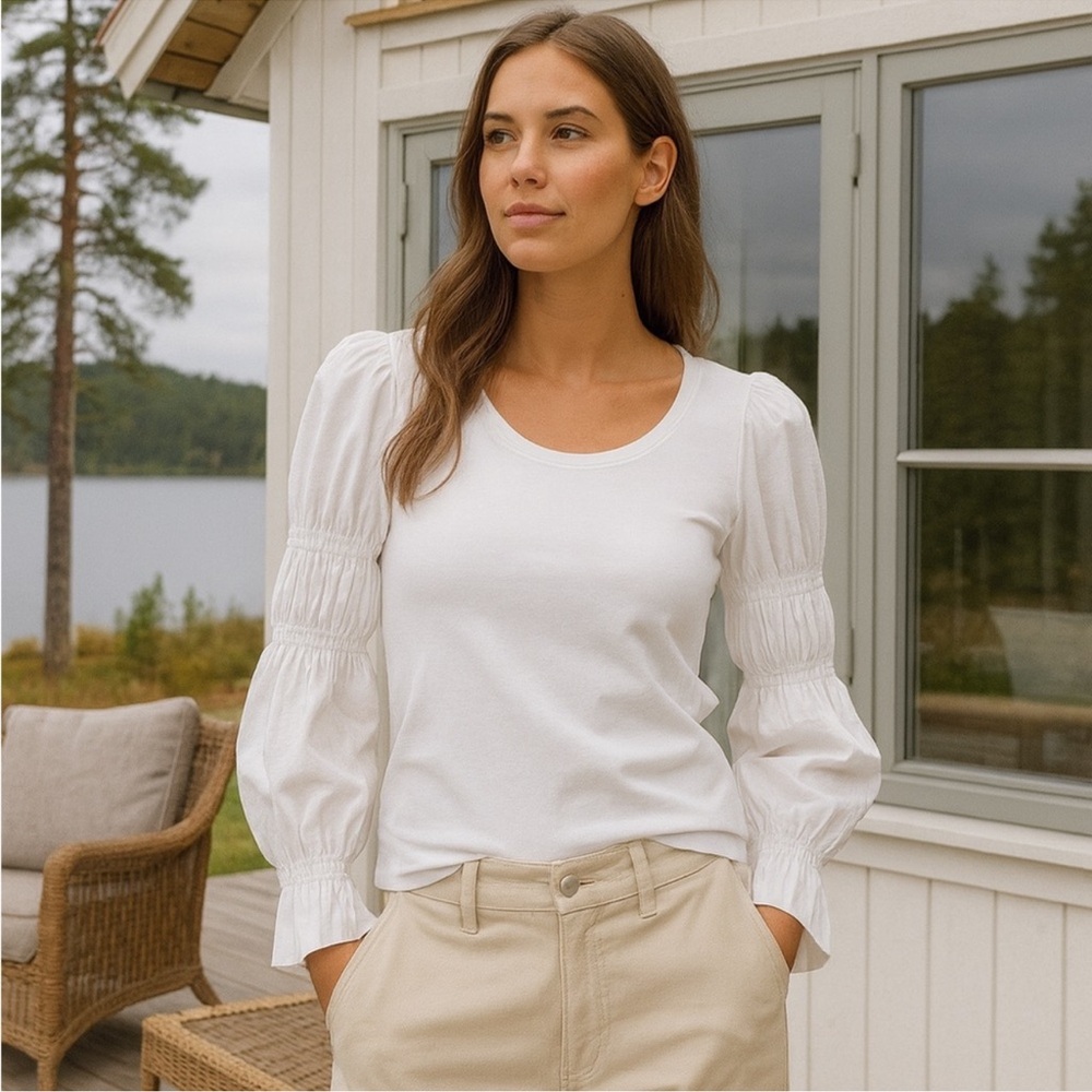 French Connection Tim Tim Mixed Media Stretch White Cotton Women's Top Large